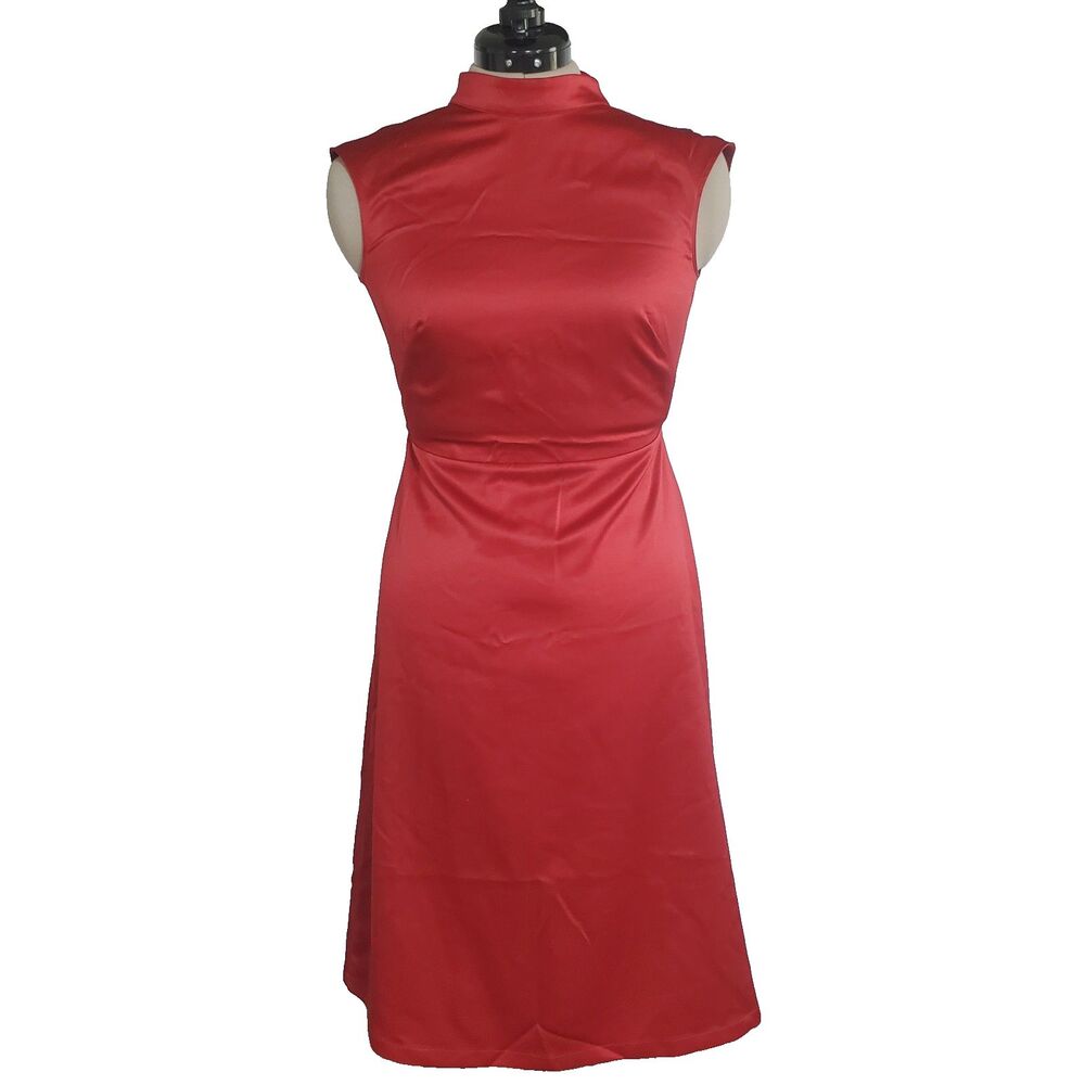 Ann Taylor Women’s Dress 0P Red Satin Midi Sheath Mock Neck Sleeveless - Picture 8 of 8